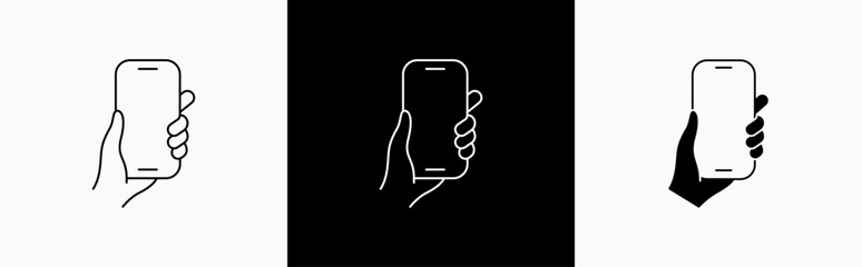 Hands holding mobile phone in line style icon. Smartphone held in flat style symbol. Hand holding a smartphone signs vector illustration for apps and website