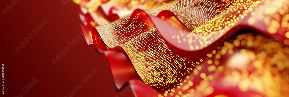 Poster Abstract red and gold wavy texture with glittering particles.