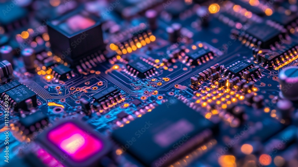 Poster Close-up of illuminated circuit board, showcasing intricate electronic components and connections.