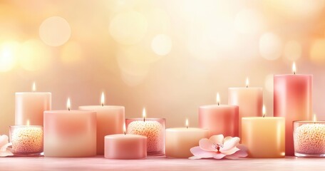 A warm and inviting background with soft, glowing candles in various sizes and colors, creating an atmosphere of serenity and peace. The focus is on the entire candle arrangement, with ample copy spac