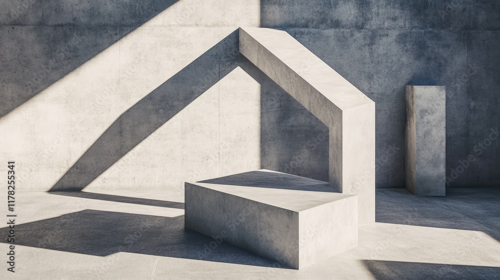 Aufkleber geometric shapes placed on a concrete background, casting shadows in a minimalist arrangement that h