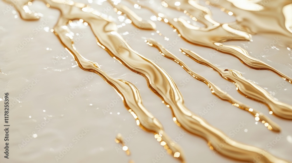 Poster glittering gold liquid dripping onto a pristine creamy surface, shimmering with luxury and creating 