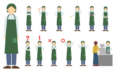 フラットイラスト：スーパー店員正面（緑エプロン）