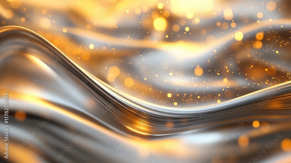 Aufkleber Metallic waves undulate in an abstract composition, with golden bokeh lights adding a dreamlike effect, emphasizing fluidity and sophistication in design