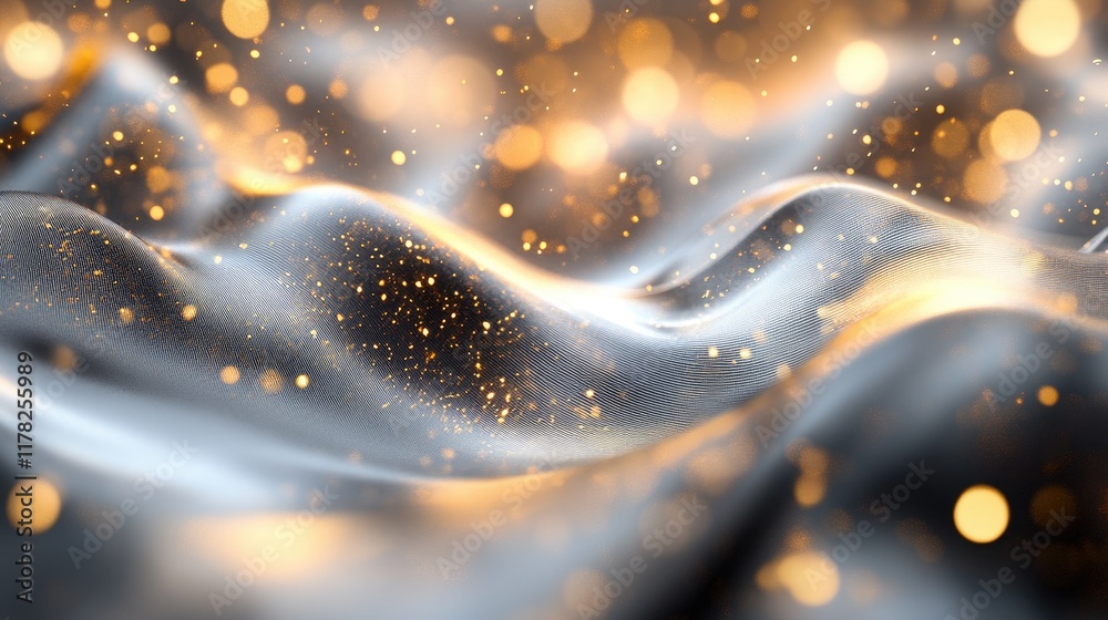 Aufkleber Metallic waves undulate in an abstract composition, with golden bokeh lights adding a dreamlike effect, emphasizing fluidity and sophistication in design