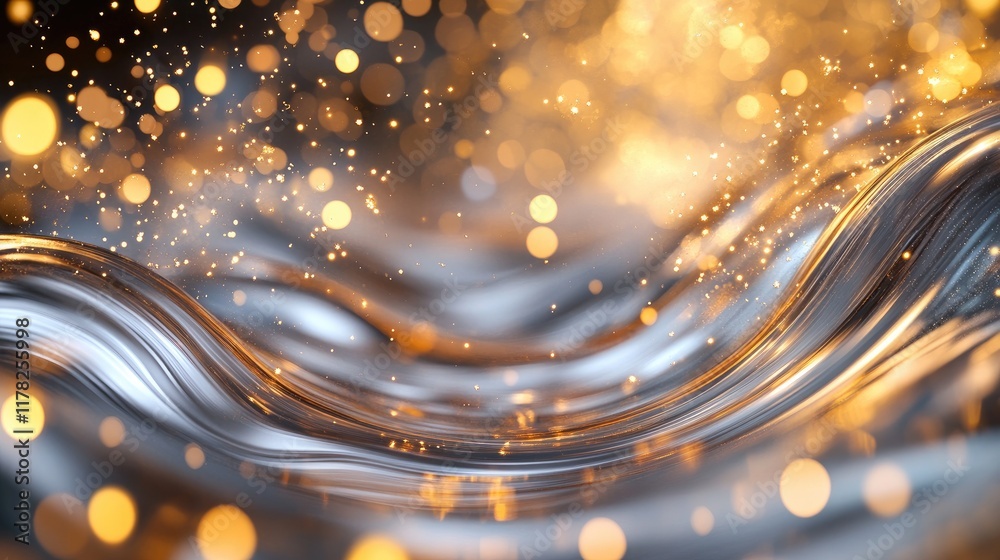 Aufkleber Metallic waves undulate in an abstract composition, with golden bokeh lights adding a dreamlike effect, emphasizing fluidity and sophistication in design