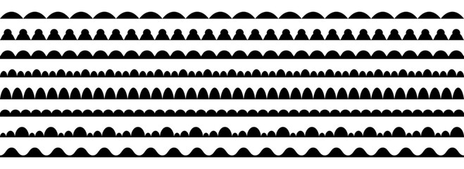 Wavy repeating pattern borders collection. Scalloped shape frames set for decoration, banner, poster. Wave edge seamless stripes for divide and separate. Black repeated squiggle strokes pack. Vector