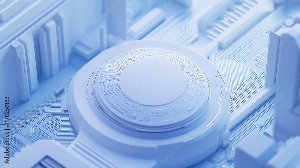 Poster Abstract 3D render of a futuristic, minimalist, white technological circuit board design with a central circular element.