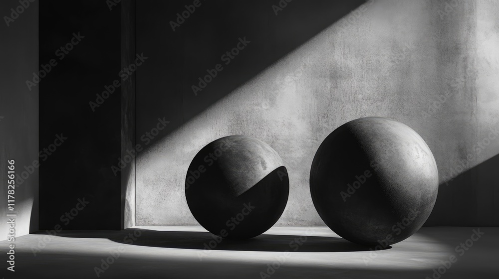 Poster Monochrome abstract spheres set against a minimalist background, their forms and shadows dramatically enhanced by chiaroscuro lighting to create visual depth