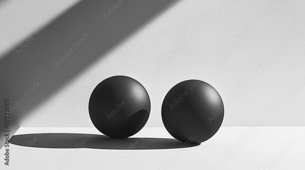 Poster monochrome abstract spheres set against a minimalist background, their forms and shadows dramaticall