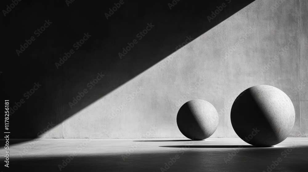 Poster monochrome abstract spheres set against a minimalist background, their forms and shadows dramaticall
