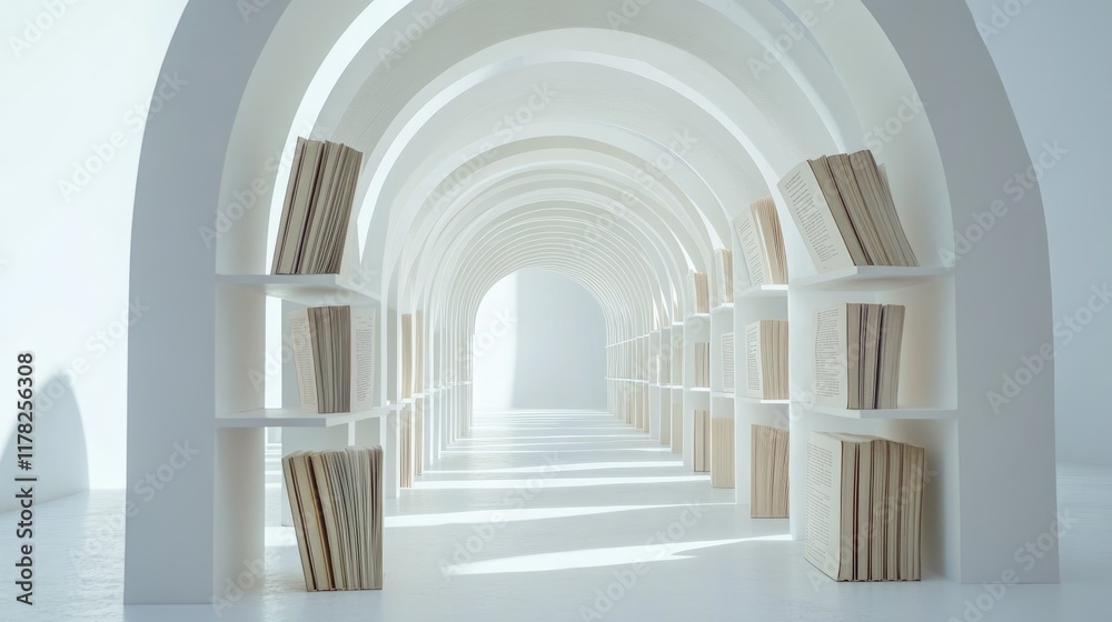 Poster Open books positioned in an arch formation on a white backdrop, creating a symbolic and elegant display of literary artistry in a minimalist setting