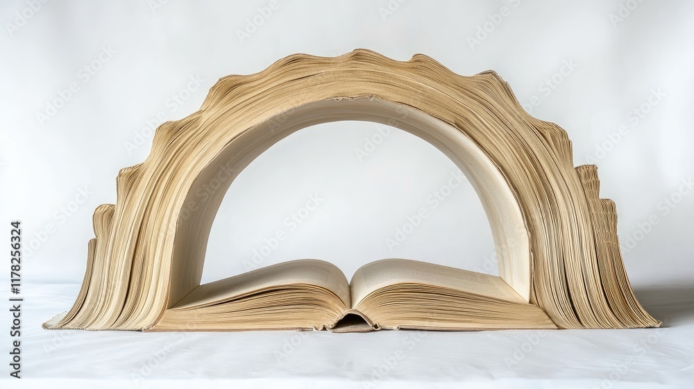 Poster Open books positioned in an arch formation on a white backdrop, creating a symbolic and elegant display of literary artistry in a minimalist setting