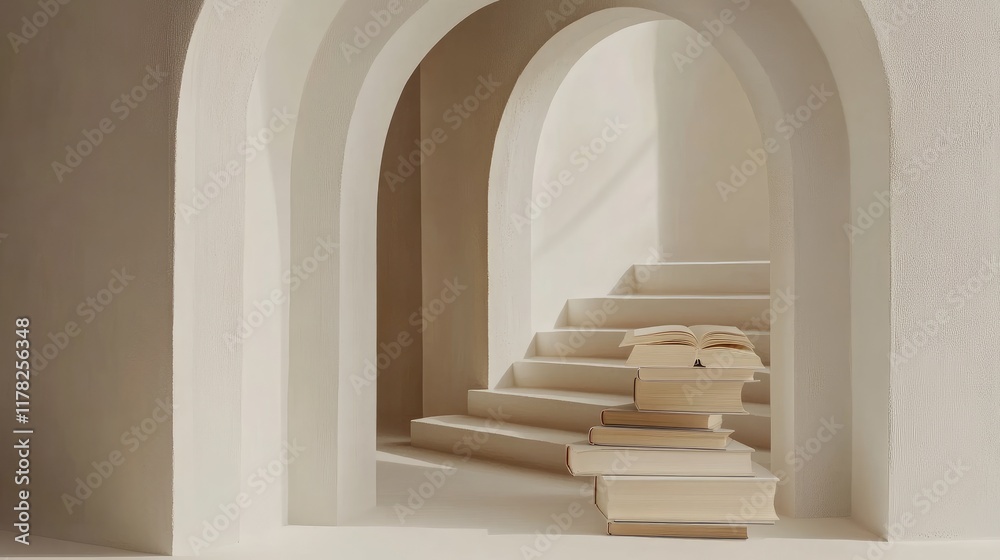 Poster Open books positioned in an arch formation on a white backdrop, creating a symbolic and elegant display of literary artistry in a minimalist setting