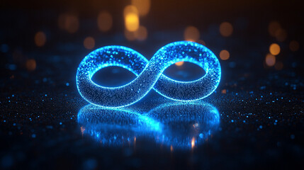 Neon symbol loop sign creates a mesmerizing light background with 3D lines forming an abstract, infinite glow representing a digital blue shape concept in a captivating display of abstract technology 