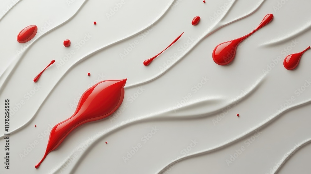 Aufkleber Red paint droplets splashing on a smooth white surface, creating gentle ripples, symbolizing artistic movement and creativity in a minimalist design