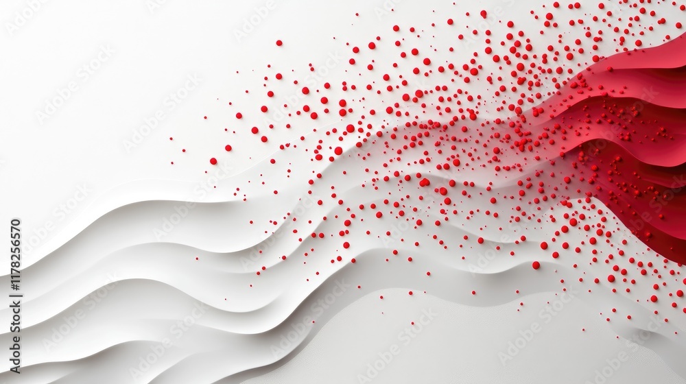 Poster red paint droplets splattering on a white surface, creating ripple effects, evoking a sense of fluid