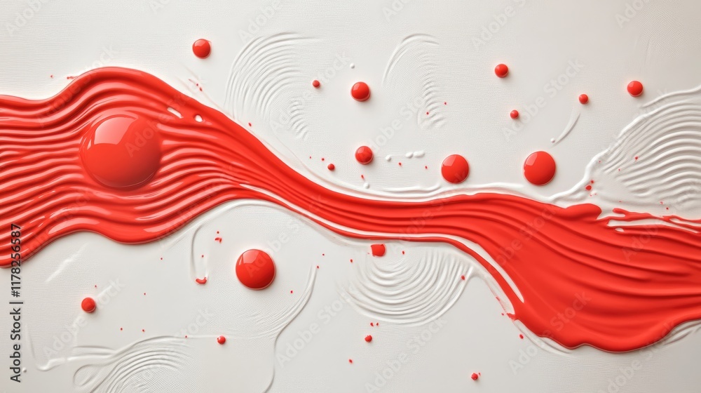 Poster Red paint droplets splattering on a white surface, creating ripple effects, evoking a sense of fluidity and creativity in an artistic and minimalist composition