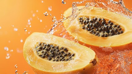 Two papaya halves splashing in water