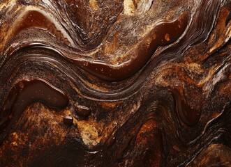 Abstract chocolate background, with liquid waves and swirls, in a hyper-realistic, close-up, high-resolution, high-definition style. --ar 128:93 --v 6.1 Job ID: bf621c6b-a87c-4ec4-9659-7dedcd21ed31