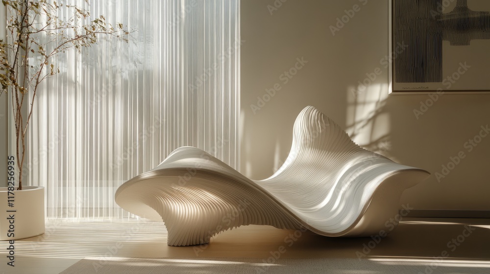 Poster sculptural wave elements in a sunlit interior, with natural light accentuating their curves and crea