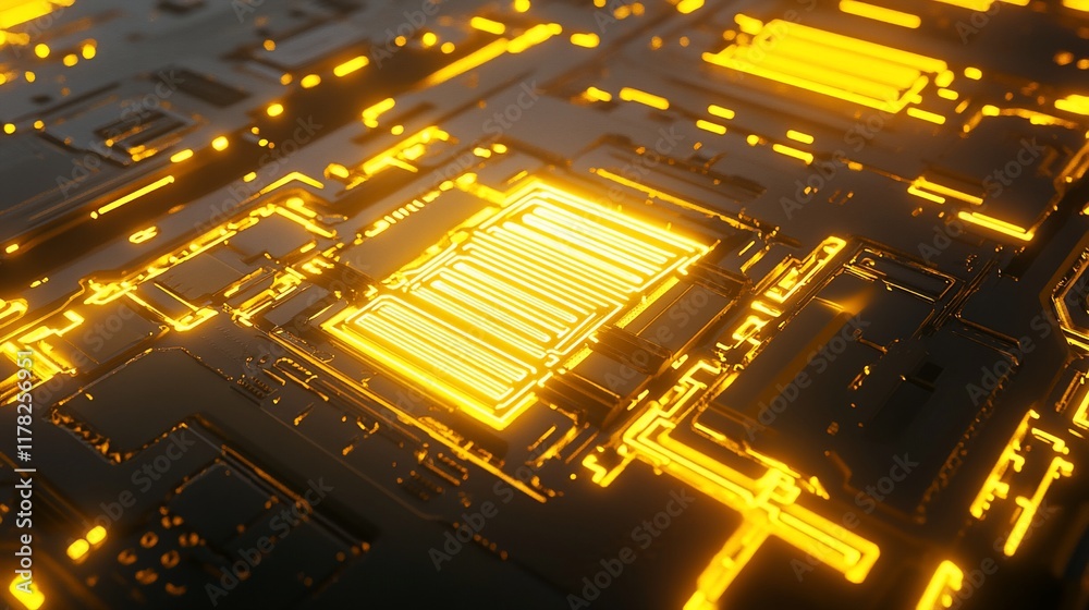 Poster Close-up of a glowing orange circuit board with intricate details and illuminated pathways.