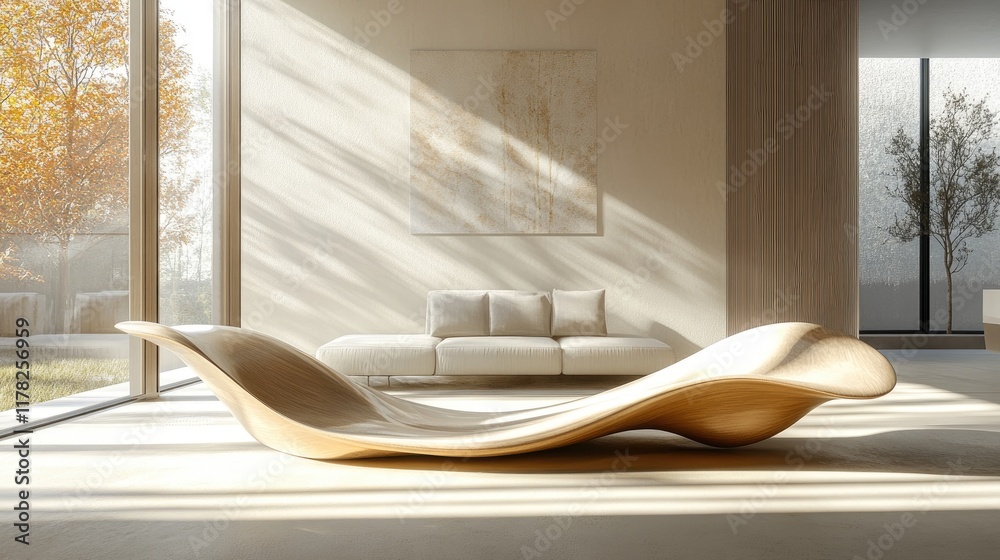 Poster sculptural wave elements in a sunlit interior, with natural light accentuating their curves and crea
