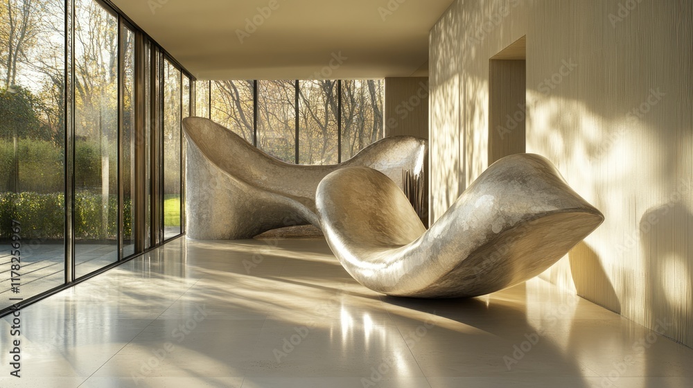 Poster sculptural wave elements in a sunlit interior, with natural light accentuating their curves and crea