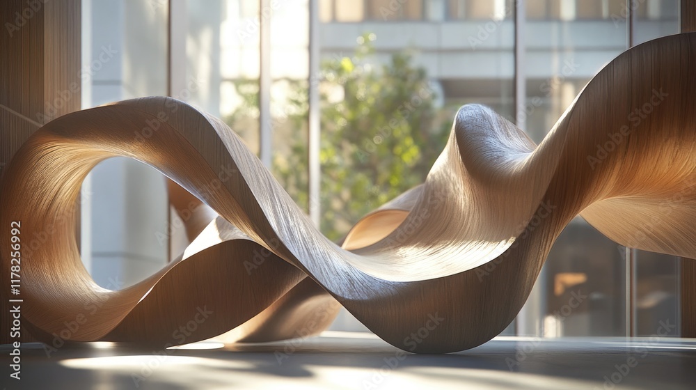 Poster sculptural wave elements in a sunlit interior, with natural light accentuating their curves and crea