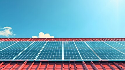 A creative vector design of solar panels on red rooftops, set against a vibrant blue sky with subtle clouds, highlighting eco-friendly and renewable energy solutions