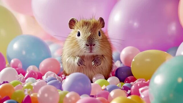 Cute gerbil surrounded by colorful balloons and candies in a festive setting