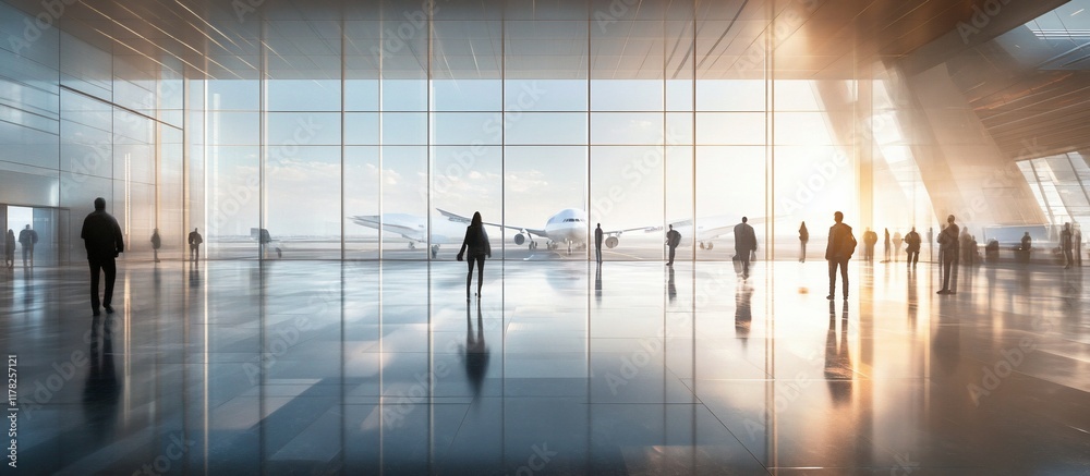 Aufkleber passengers in a modern airport terminal watching planes on the tarmac through large windows.