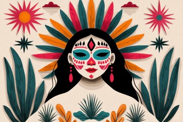 Sugar skull woman with floral headdress and plants