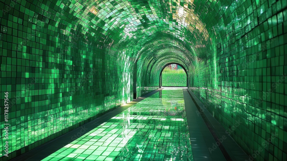 Poster sunlight streaming through a green mosaic tunnel, casting emerald reflections on the glass pathway a