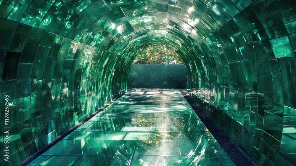 Poster sunlight streaming through a green mosaic tunnel, casting emerald reflections on the glass pathway a