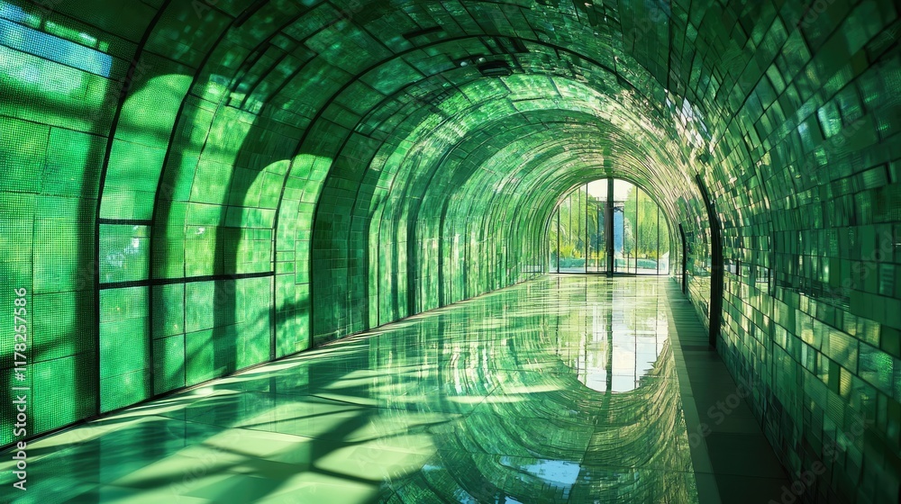 Poster sunlight streaming through a green mosaic tunnel, casting emerald reflections on the glass pathway a