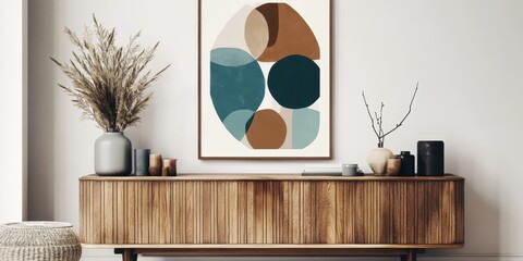 Mid-century modern interior, geometric abstract art print, wooden sideboard, teal and beige color scheme, circular rug, dried pampas grass, ceramic vases, minimalist decor, textured wall, warm lightin