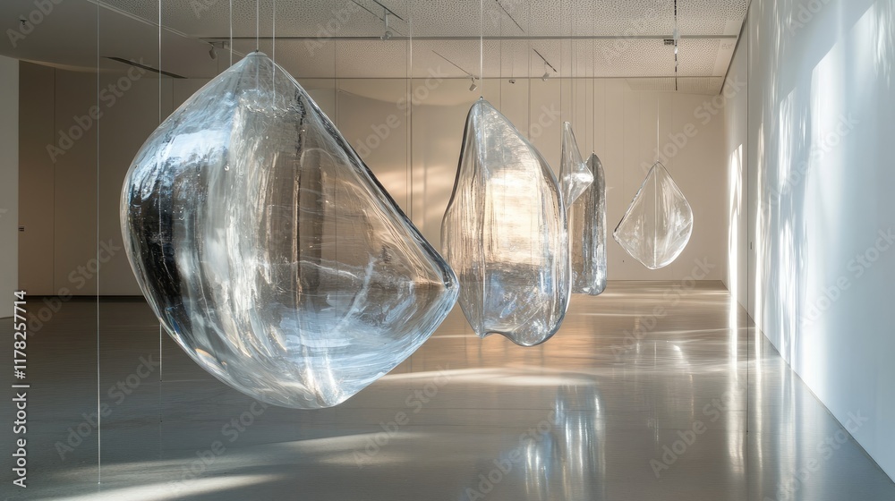 Aufkleber suspended glass sculptures in a minimalist gallery, casting soft reflections and shadows, creating a