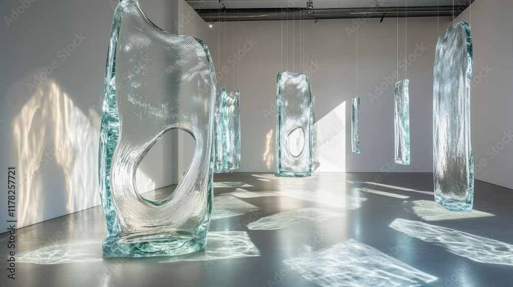 Poster suspended glass sculptures in a minimalist gallery, casting soft reflections and shadows, creating a