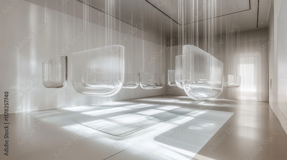 Poster suspended glass sculptures in a minimalist gallery, casting soft reflections and shadows, creating a