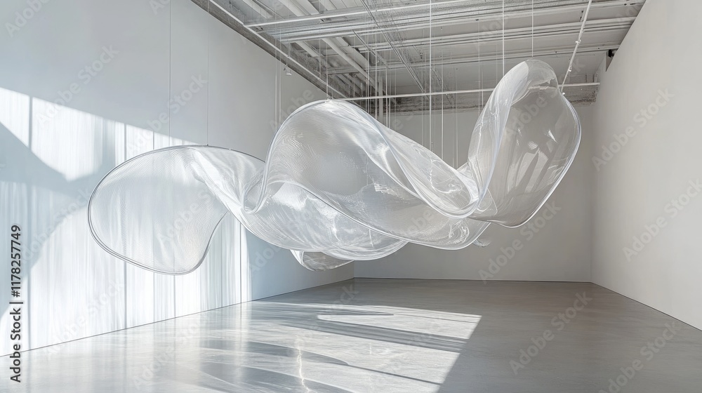 Poster suspended glass sculptures in a minimalist gallery, casting soft reflections and shadows, creating a