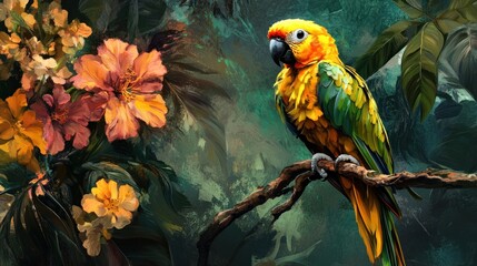 Obraz premium Sun conure parrot perched on branch amidst lush tropical flowers.