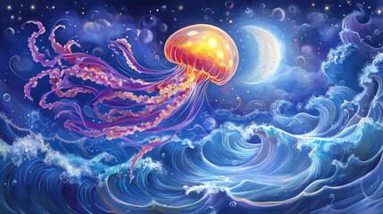 Glowing jellyfish floats above ocean waves under crescent moon and starry sky.