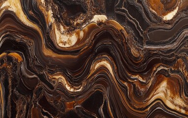 Obraz premium Abstract chocolate-colored background with wavy lines and curves. Brown, milk, coffee, or caramel-colored liquid flowing on a dark backdrop.