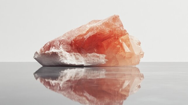 The reflective surface enhances the vibrant red colors of a raw baryte mineral specimen, emphasizing its natural beauty and crystal clarity in a minimalist setting