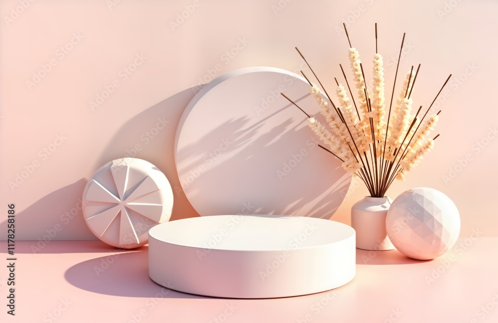 Poster empty podium for cosmetic product showcase. minimalist scene with geometric forms. trendy light pink
