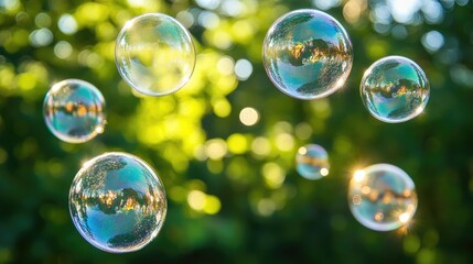 Naklejka premium Transparent soap bubbles floating gracefully against a soft blue background, capturing the delicate beauty and playfulness of light reflections