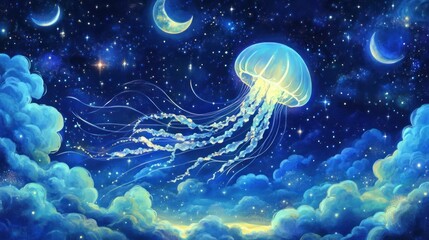 Naklejka premium Luminous jellyfish floats in a dreamy night sky filled with stars and crescent moons.