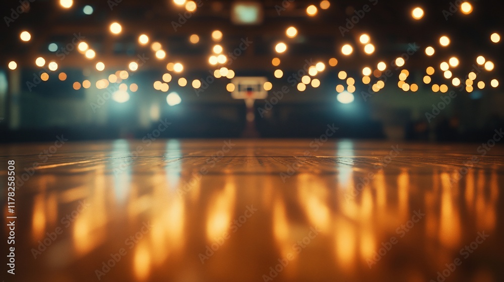Poster blurred view of an empty basketball court at night, illuminated by warm lights.