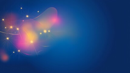 Abstract background with glowing particles and soft shapes on a dark blue backdrop.